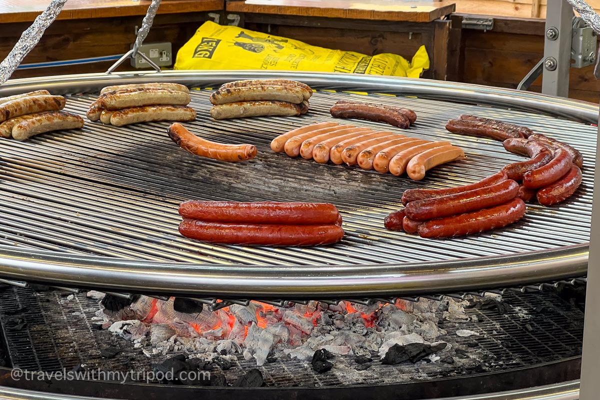 Bratwurst sausages on the grill at Winter Wonderland