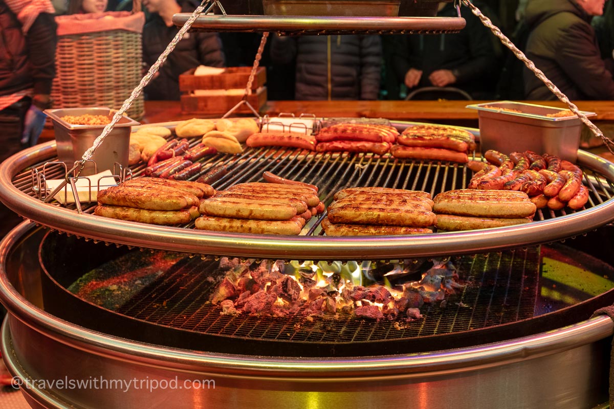Grilled sausages at Leicester Square Christmas market