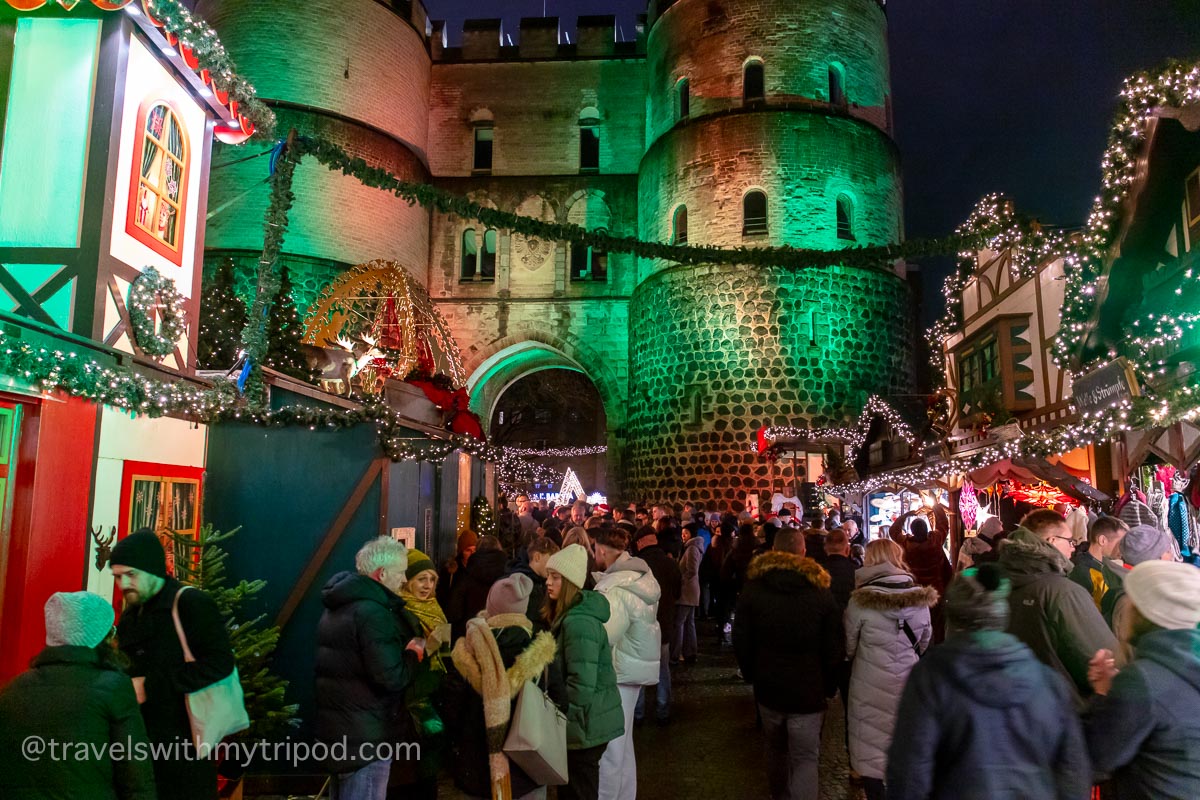 A busy Saturday evening at the Nikolausdorf Christmas market in Cologne