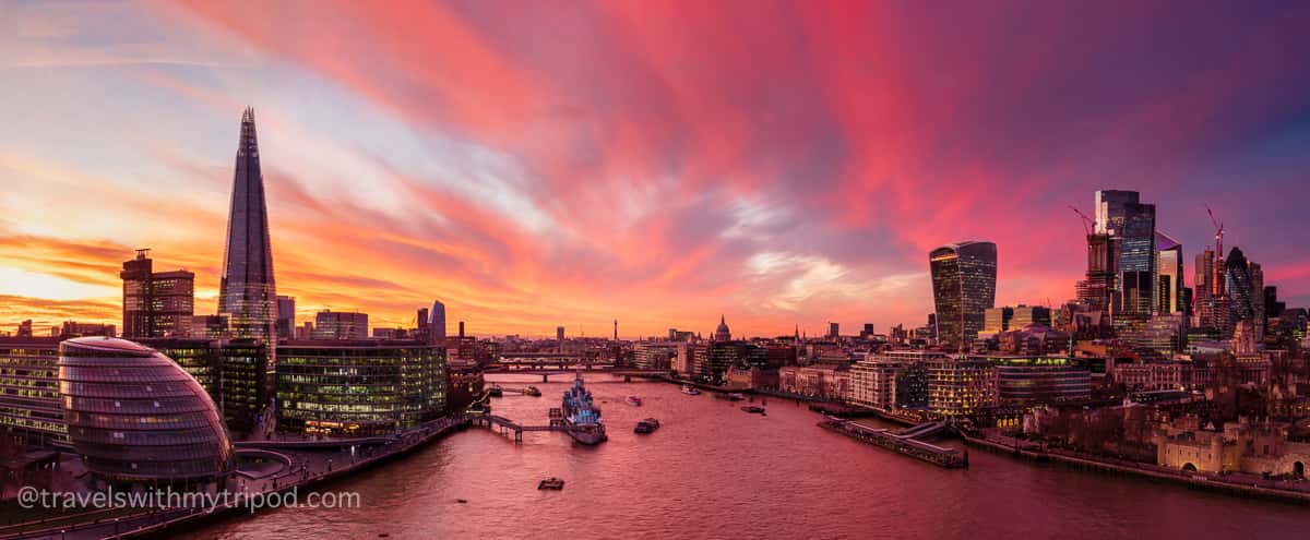 Sunset Over London Skyline Panoramic View From Tower Bridge