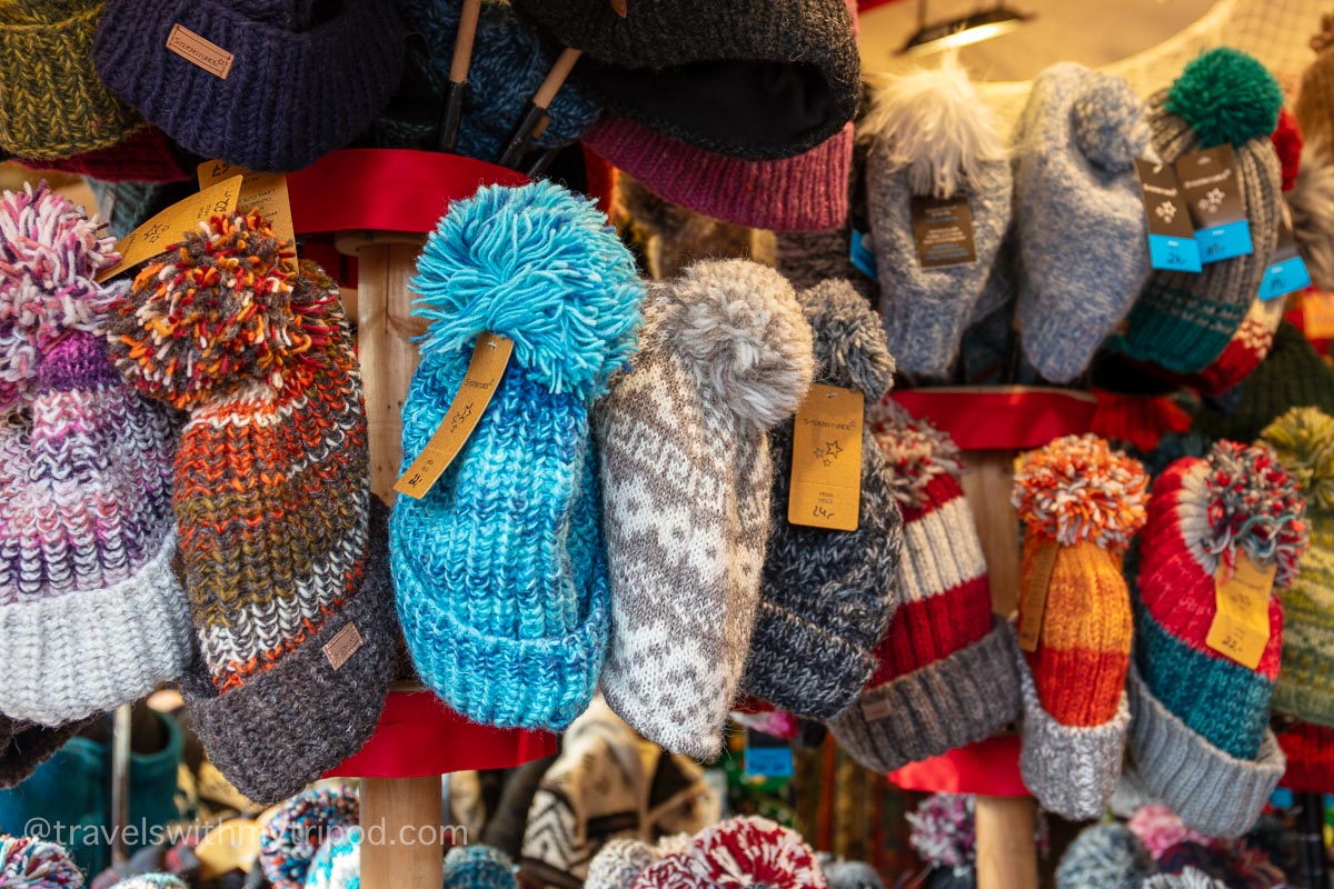 Woollen hats for sale at a Christmas market in Cologne